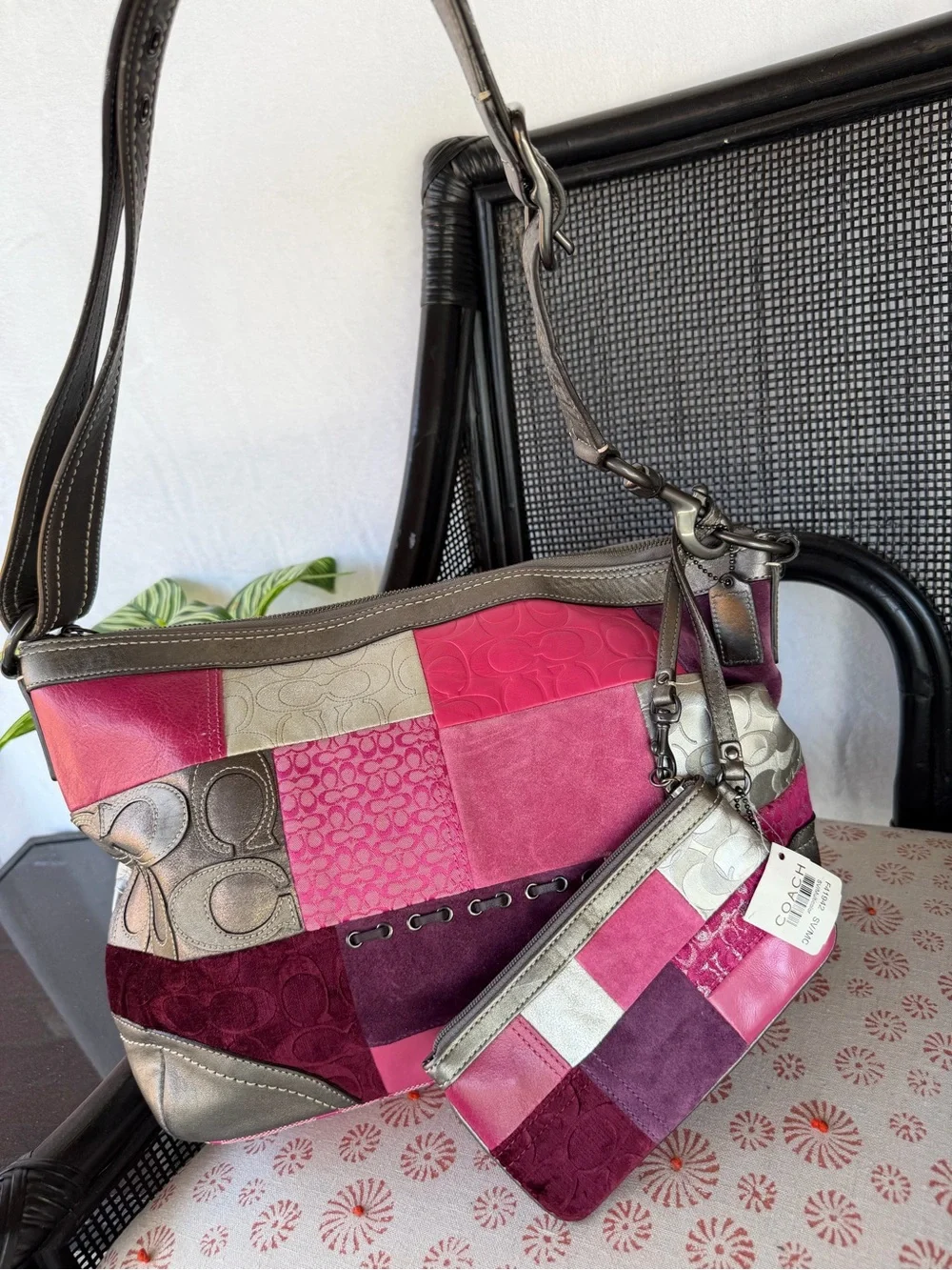Coach Patchwork Shoulder Bag with Pink and Silver Panels